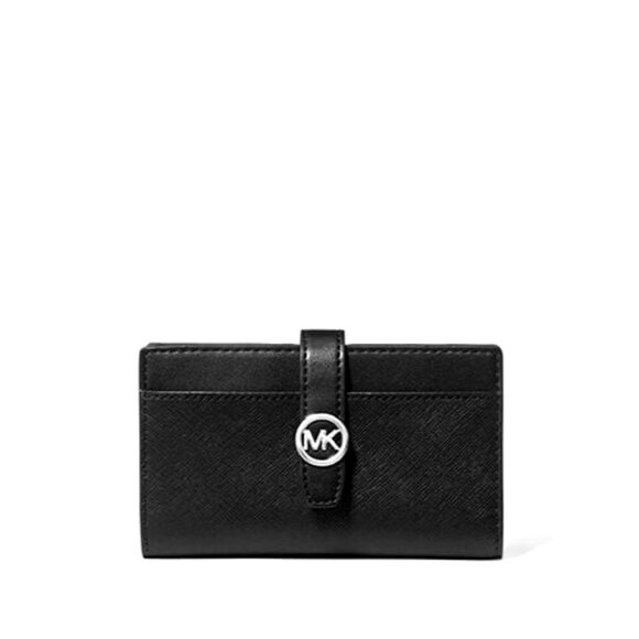 New Michael Kors Greenwich Medium Saffiano Leather Wallet Black with Silver - Picture 1 of 3